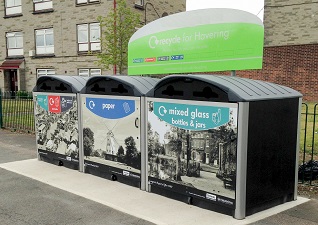 Modus™ Recycling Bin Housings used as a recycling centre in a residential area